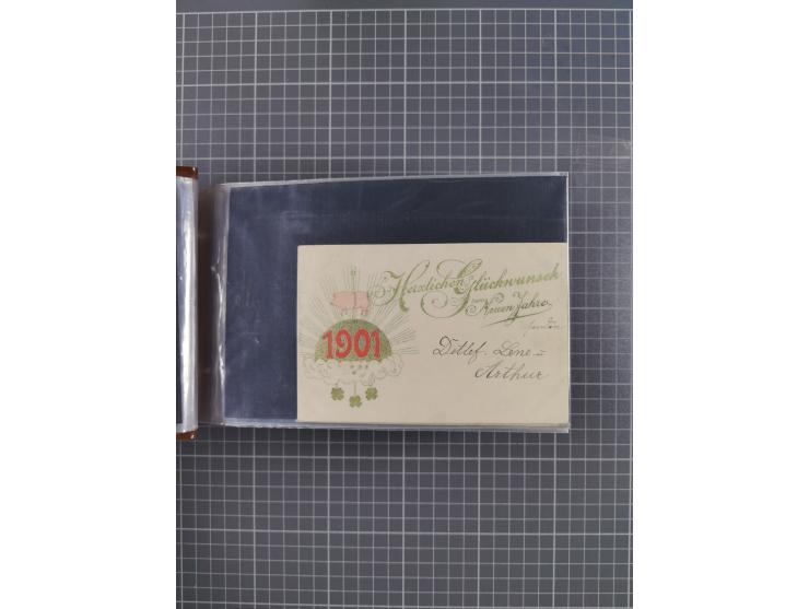 Glückwunschkarten Neujahr: 1900/14, Album mit 110 Lithos zum Thema Jahreszahlen", davon sind 104 St. geprägt