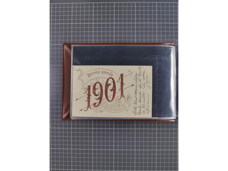 Glückwunschkarten Neujahr: 1900/14, Album mit 110 Lithos zum Thema Jahreszahlen", davon sind 104 St. geprägt