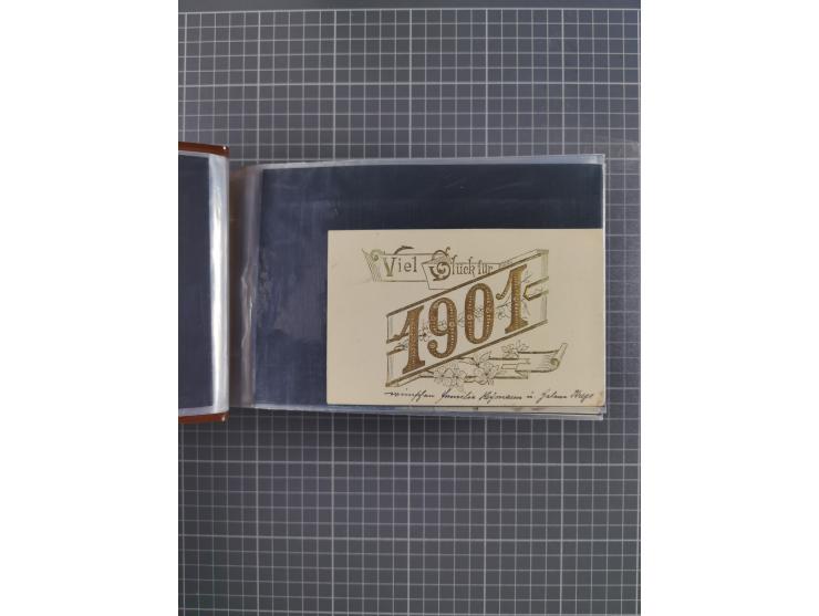 Glückwunschkarten Neujahr: 1900/14, Album mit 110 Lithos zum Thema Jahreszahlen", davon sind 104 St. geprägt