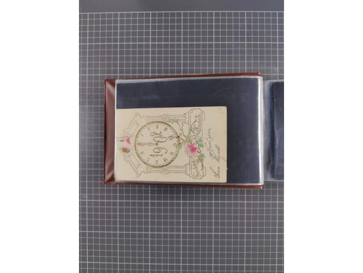 Glückwunschkarten Neujahr: 1900/14, Album mit 110 Lithos zum Thema Jahreszahlen", davon sind 104 St. geprägt