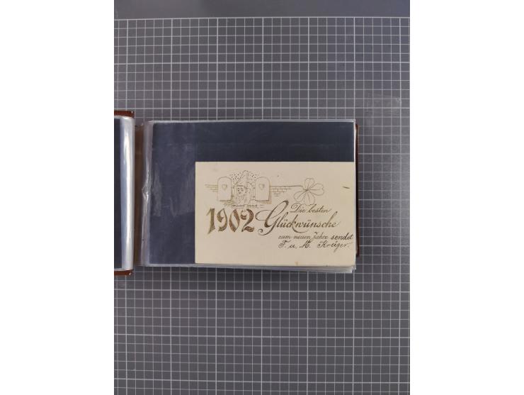 Glückwunschkarten Neujahr: 1900/14, Album mit 110 Lithos zum Thema Jahreszahlen", davon sind 104 St. geprägt