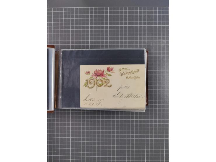 Glückwunschkarten Neujahr: 1900/14, Album mit 110 Lithos zum Thema Jahreszahlen", davon sind 104 St. geprägt