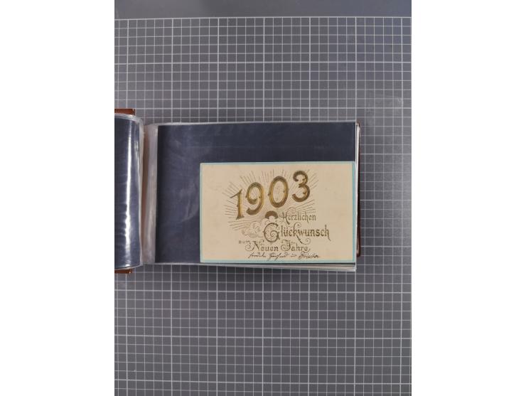 Glückwunschkarten Neujahr: 1900/14, Album mit 110 Lithos zum Thema Jahreszahlen", davon sind 104 St. geprägt