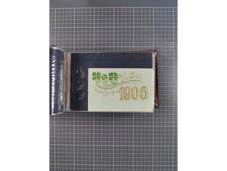 Glückwunschkarten Neujahr: 1900/14, Album mit 110 Lithos zum Thema Jahreszahlen", davon sind 104 St. geprägt