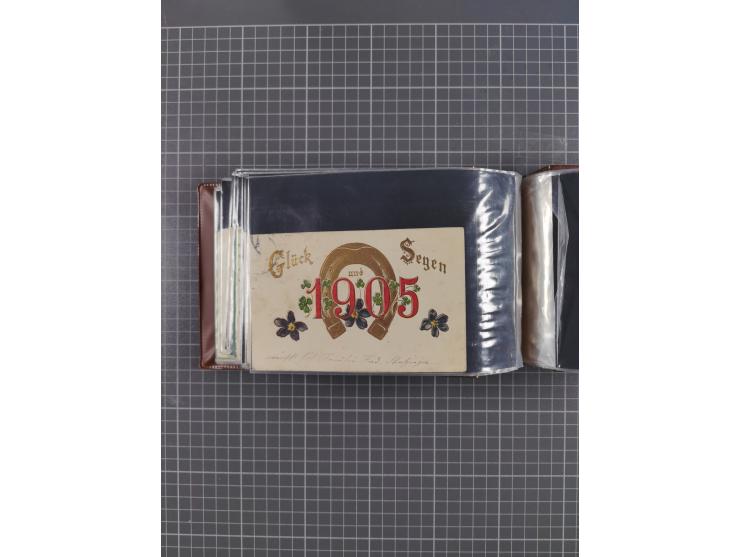 Glückwunschkarten Neujahr: 1900/14, Album mit 110 Lithos zum Thema Jahreszahlen", davon sind 104 St. geprägt