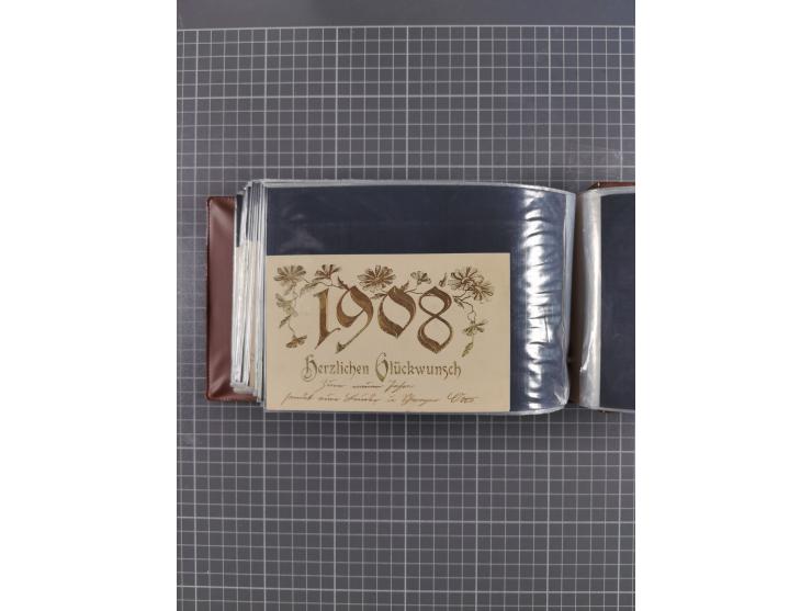 Glückwunschkarten Neujahr: 1900/14, Album mit 110 Lithos zum Thema Jahreszahlen", davon sind 104 St. geprägt