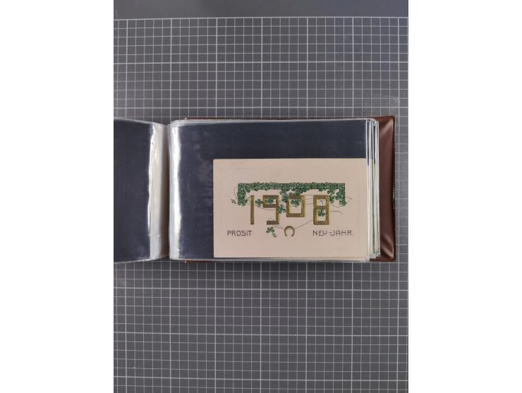 Glückwunschkarten Neujahr: 1900/14, Album mit 110 Lithos zum Thema Jahreszahlen", davon sind 104 St. geprägt