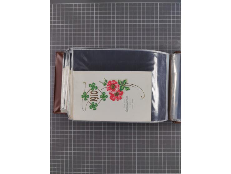 Glückwunschkarten Neujahr: 1900/14, Album mit 110 Lithos zum Thema Jahreszahlen", davon sind 104 St. geprägt