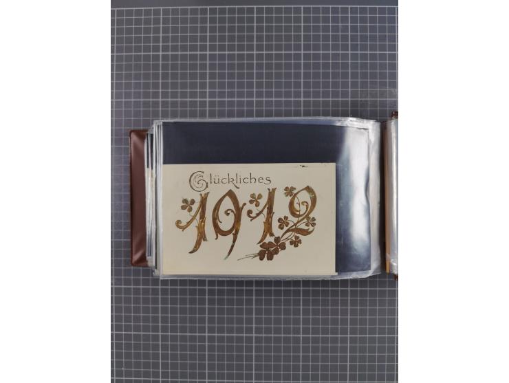 Glückwunschkarten Neujahr: 1900/14, Album mit 110 Lithos zum Thema Jahreszahlen", davon sind 104 St. geprägt