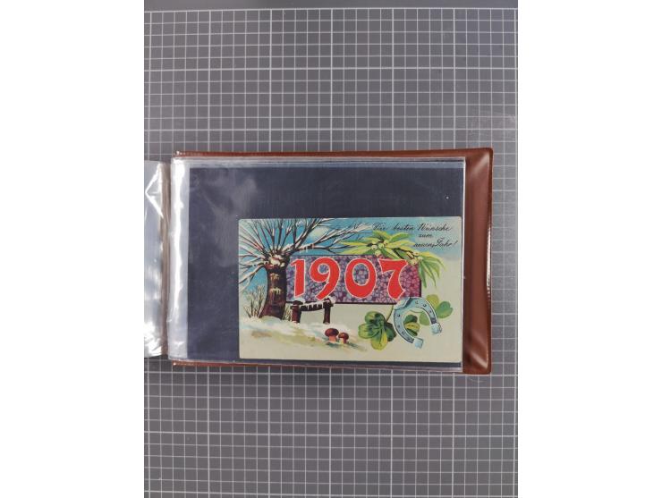 Glückwunschkarten Neujahr: 1900/14, Album mit 110 Lithos zum Thema Jahreszahlen", davon sind 104 St. geprägt