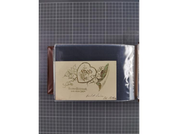 Glückwunschkarten Neujahr: 1900/14, Album mit 110 Lithos zum Thema Jahreszahlen", davon sind 104 St. geprägt