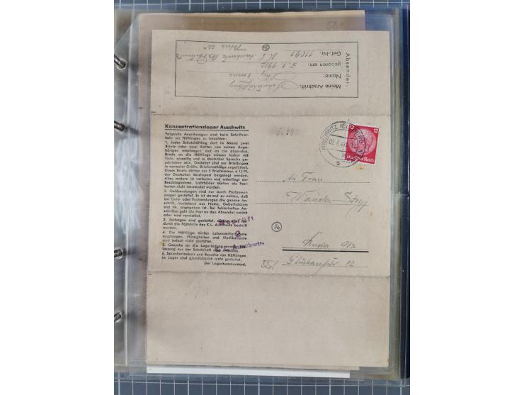 1933/45, KZ-Post. Album mit 12 KZ-Postbelegen von zehn verschiedenen Konzentrationslagern: Auschwitz, Buchenwald, Dachau, Flo