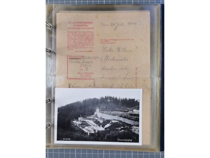 1933/45, KZ-Post. Album mit 12 KZ-Postbelegen von zehn verschiedenen Konzentrationslagern: Auschwitz, Buchenwald, Dachau, Flo