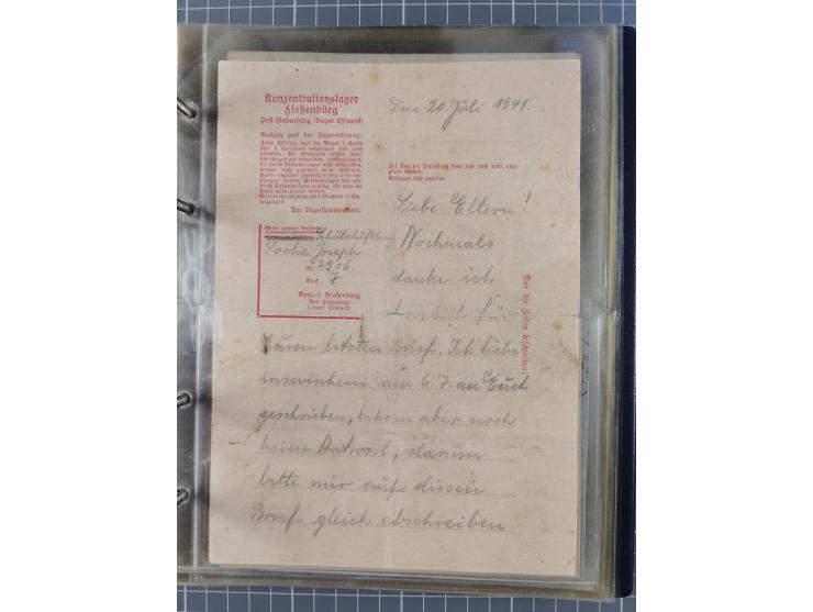 1933/45, KZ-Post. Album mit 12 KZ-Postbelegen von zehn verschiedenen Konzentrationslagern: Auschwitz, Buchenwald, Dachau, Flo
