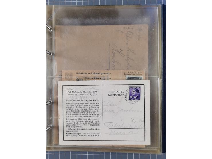 1933/45, KZ-Post. Album mit 12 KZ-Postbelegen von zehn verschiedenen Konzentrationslagern: Auschwitz, Buchenwald, Dachau, Flo