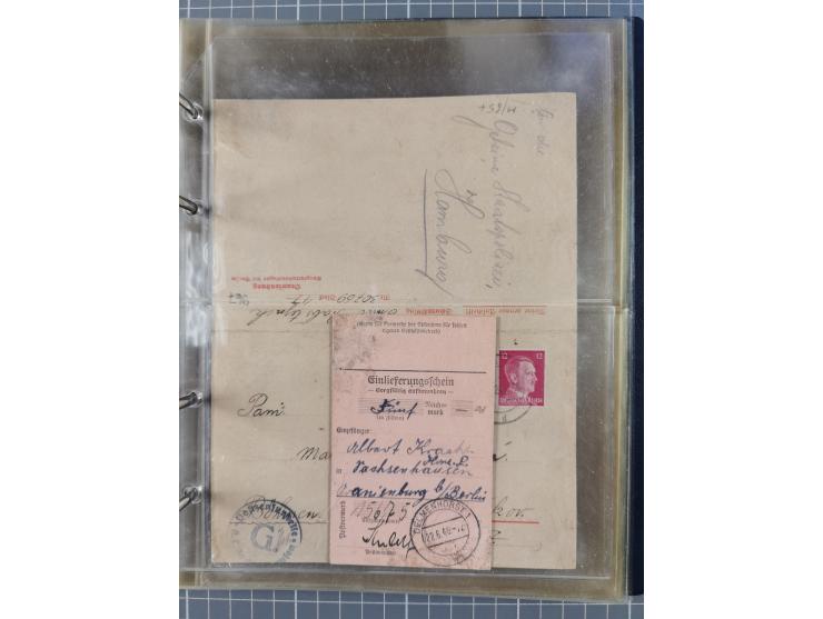 1933/45, KZ-Post. Album mit 12 KZ-Postbelegen von zehn verschiedenen Konzentrationslagern: Auschwitz, Buchenwald, Dachau, Flo