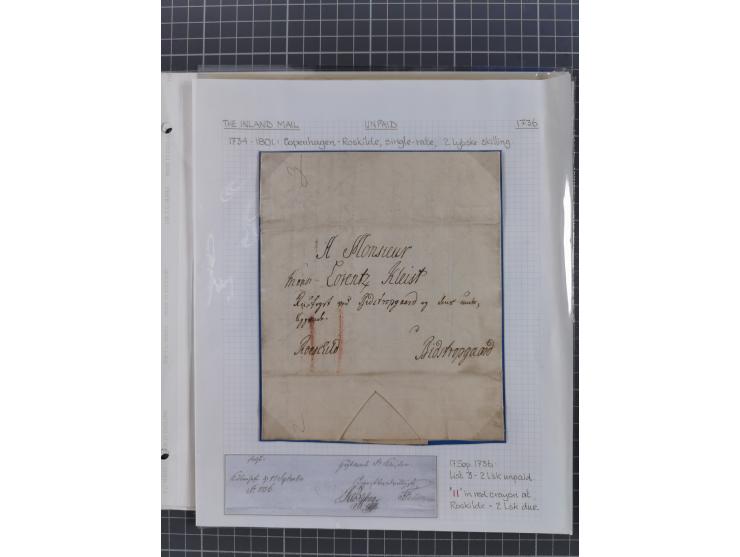 1736/1938, 18 entires, almost all mailed abroad, mostly to France, but also two 10 skilling frankings to London and 3 parcel 