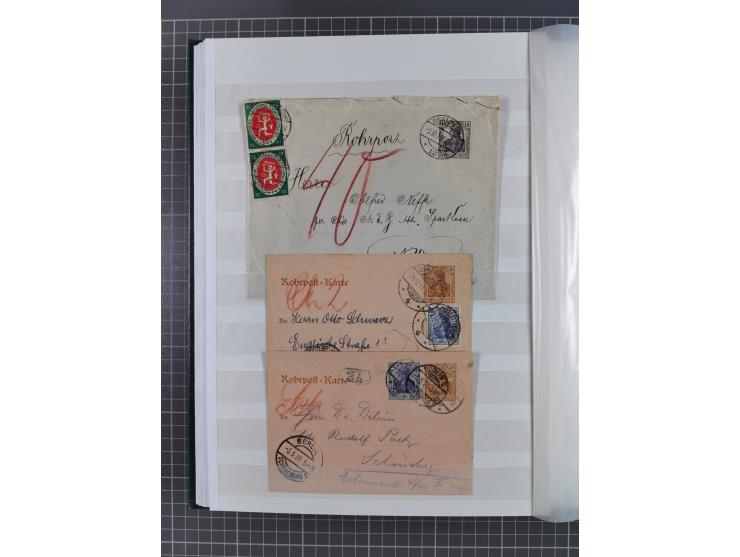 1916/23, interessante Sammlung “Rohrpost” mit fast Briefen, Karten und Ganzsachen. Dabei u.a. Mi.-Nr. 89IIx EF auf Karte nach