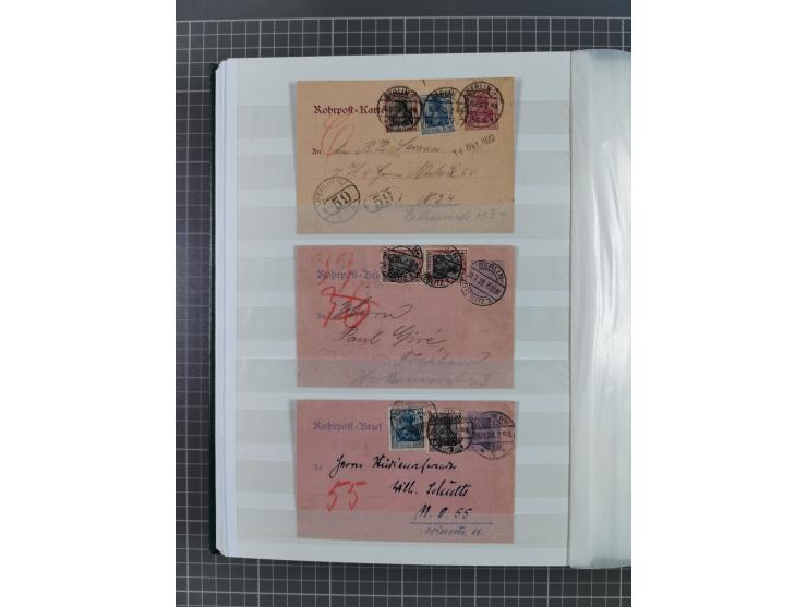 1916/23, interessante Sammlung “Rohrpost” mit fast Briefen, Karten und Ganzsachen. Dabei u.a. Mi.-Nr. 89IIx EF auf Karte nach