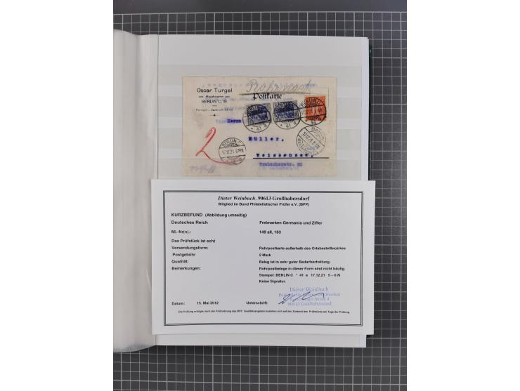 1916/23, interessante Sammlung “Rohrpost” mit fast Briefen, Karten und Ganzsachen. Dabei u.a. Mi.-Nr. 89IIx EF auf Karte nach