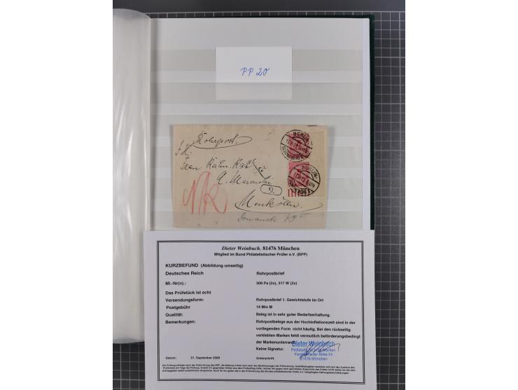 1916/23, interessante Sammlung “Rohrpost” mit fast Briefen, Karten und Ganzsachen. Dabei u.a. Mi.-Nr. 89IIx EF auf Karte nach