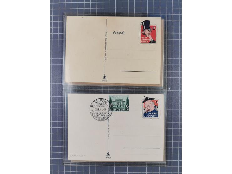 1940/43,  Propaganda, acht FP-Spottkarten: 4 x Chamberlain (3 St. gestempelt) 2 x Churchill (2 St. gestempelt) und 2 x Stalin