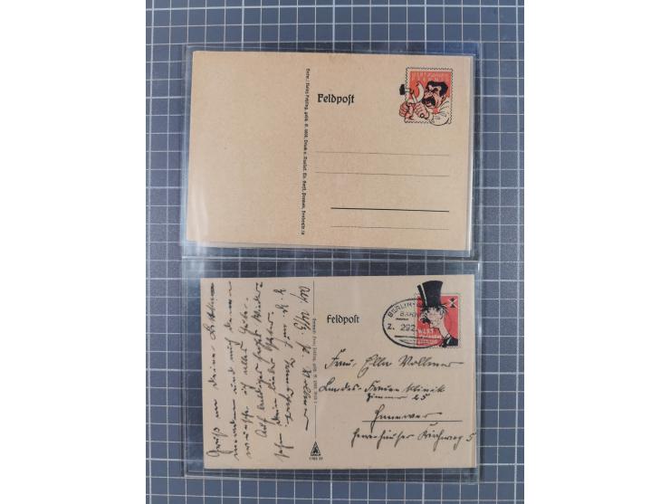 1940/43,  Propaganda, acht FP-Spottkarten: 4 x Chamberlain (3 St. gestempelt) 2 x Churchill (2 St. gestempelt) und 2 x Stalin