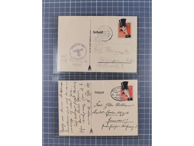 1940/43,  Propaganda, acht FP-Spottkarten: 4 x Chamberlain (3 St. gestempelt) 2 x Churchill (2 St. gestempelt) und 2 x Stalin