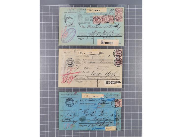 1893/95, drei Paketkarten nach New York, alles Mehrfachfrankaturen. 2 PK mit je 7 x 50 Pf. Krone und Adler (Mi. Nr. 47) 1 PK 