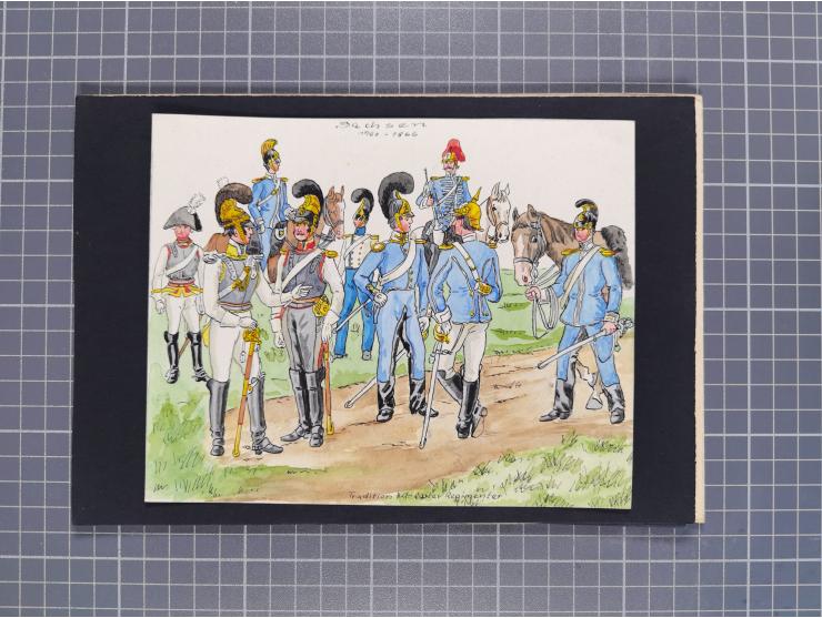 1820/90(ca.), 19. Jahrhundert, 47 Lithografien und Tuschzeichnungen von Militärs und Uniformen, dabei Preußische, Sächsische 