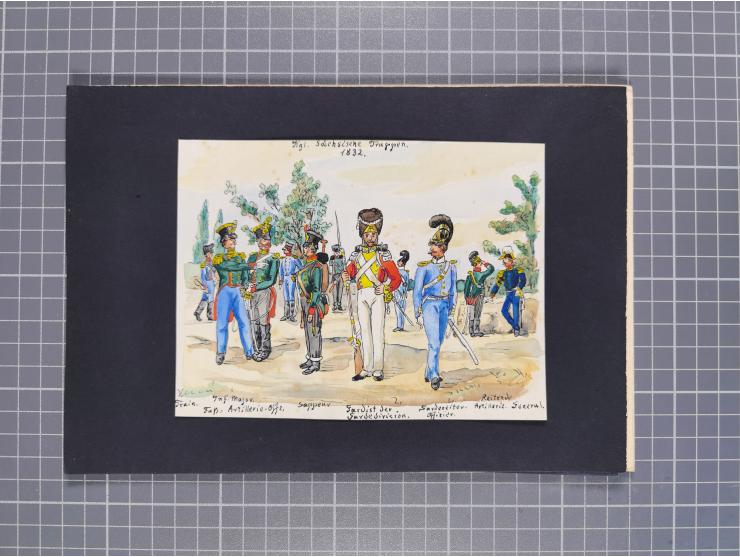 1820/90(ca.), 19. Jahrhundert, 47 Lithografien und Tuschzeichnungen von Militärs und Uniformen, dabei Preußische, Sächsische 