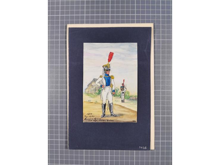 1820/90(ca.), 19. Jahrhundert, 47 Lithografien und Tuschzeichnungen von Militärs und Uniformen, dabei Preußische, Sächsische 