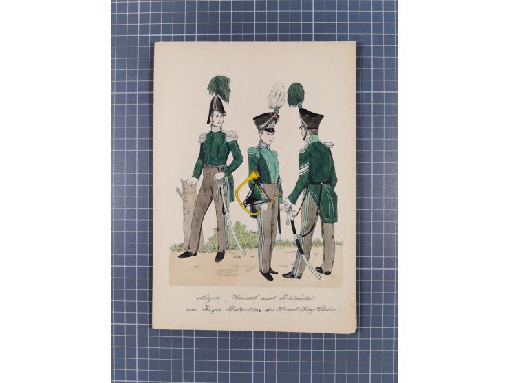 1820/90(ca.), 19. Jahrhundert, 47 Lithografien und Tuschzeichnungen von Militärs und Uniformen, dabei Preußische, Sächsische 