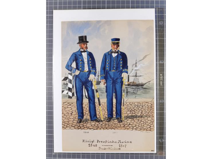 1820/90(ca.), 19. Jahrhundert, 47 Lithografien und Tuschzeichnungen von Militärs und Uniformen, dabei Preußische, Sächsische 