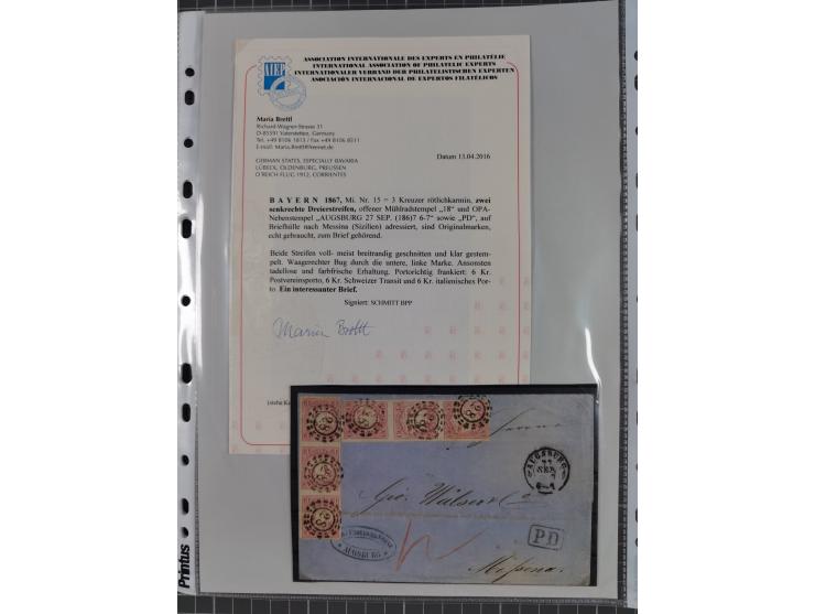 1849/70 (ca.), meist gestempelte kleine Partie im Ordner, überwiegend Bayern mit u.a. 1 IIa, 4 I/III, 8II, Wappen-Brief in di