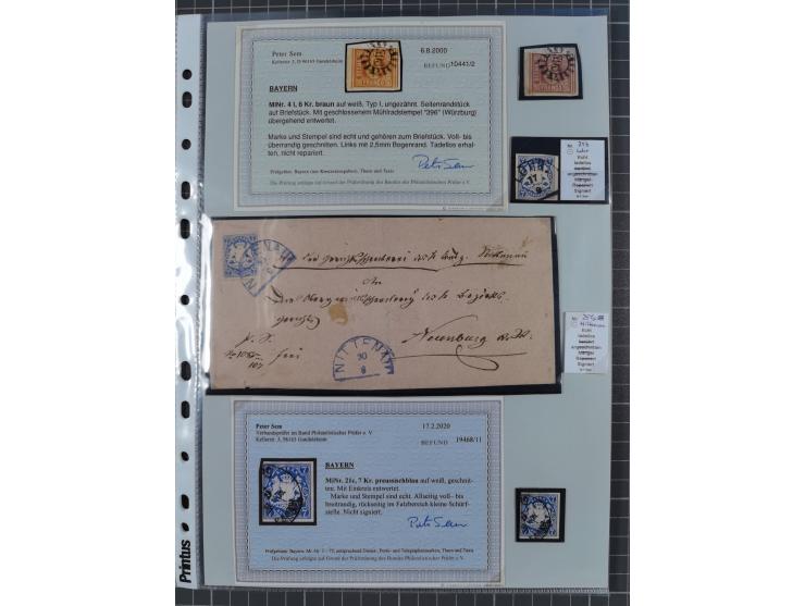 1849/70 (ca.), meist gestempelte kleine Partie im Ordner, überwiegend Bayern mit u.a. 1 IIa, 4 I/III, 8II, Wappen-Brief in di
