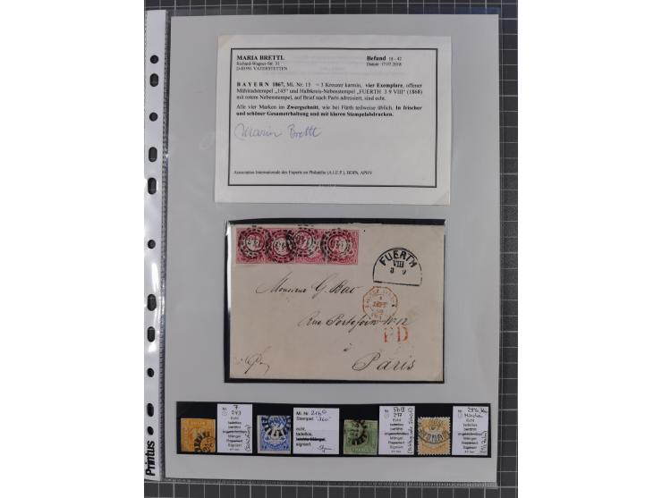 1849/70 (ca.), meist gestempelte kleine Partie im Ordner, überwiegend Bayern mit u.a. 1 IIa, 4 I/III, 8II, Wappen-Brief in di