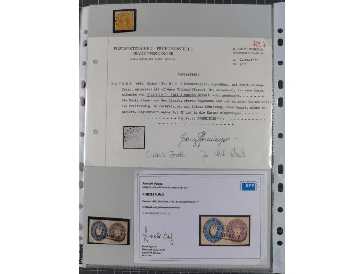 1849/70 (ca.), meist gestempelte kleine Partie im Ordner, überwiegend Bayern mit u.a. 1 IIa, 4 I/III, 8II, Wappen-Brief in di