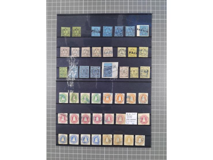 1850/71, ungebrauchter und gestempelte aber Sammlungsbestand in 2 Karteikästen, dabei auch viele Briefe, farbige Stempel, Ein