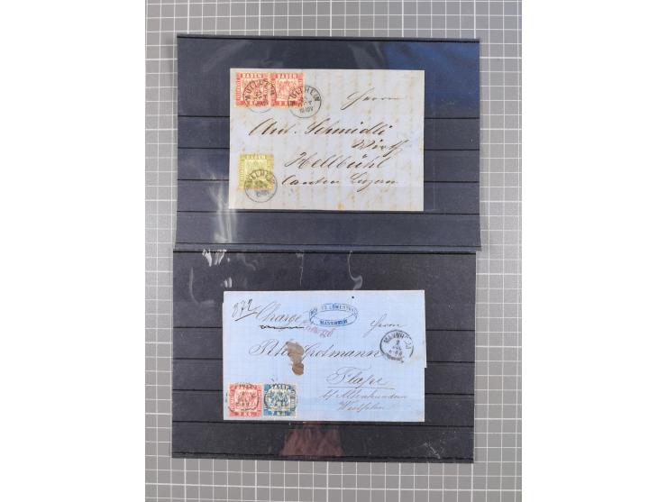 1850/71, ungebrauchter und gestempelte aber Sammlungsbestand in 2 Karteikästen, dabei auch viele Briefe, farbige Stempel, Ein