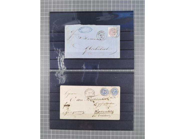 1850/71, ungebrauchter und gestempelte aber Sammlungsbestand in 2 Karteikästen, dabei auch viele Briefe, farbige Stempel, Ein