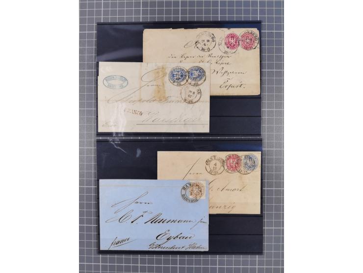 1850/71, ungebrauchter und gestempelte aber Sammlungsbestand in 2 Karteikästen, dabei auch viele Briefe, farbige Stempel, Ein