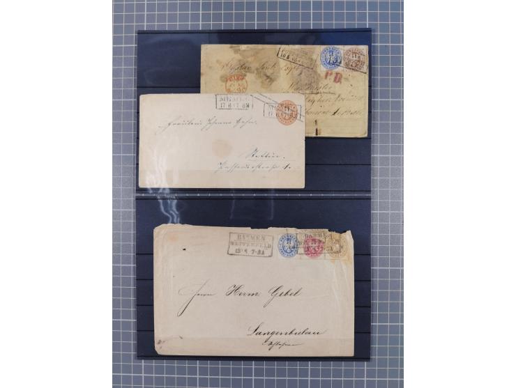1850/71, ungebrauchter und gestempelte aber Sammlungsbestand in 2 Karteikästen, dabei auch viele Briefe, farbige Stempel, Ein