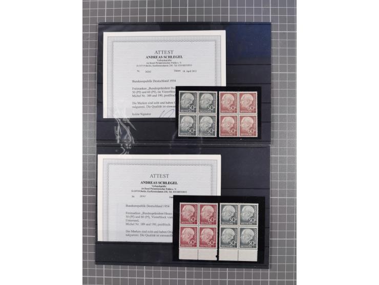 1954/60, Heuß, meist postfrische Lagerpartie, dabei etwa 13 kpl. Sätze und vier 4er-Blocks 50 Pfg., teils signiert, 3 Atteste