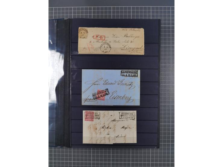 1868/71, interessante Partie im Steckbuch, dabei diverse Belege mit auch Farbfrankaturen, Paketbegleitbriefen, Auslandspost, 