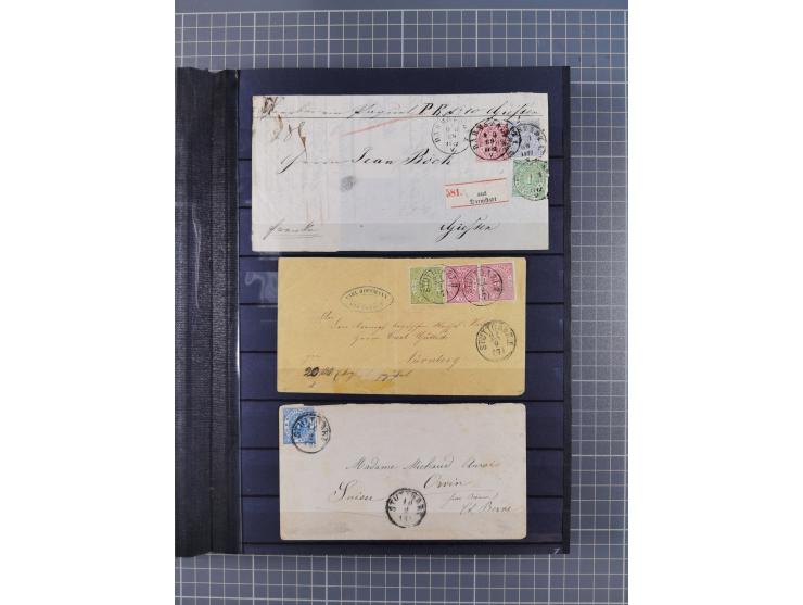 1868/71, interessante Partie im Steckbuch, dabei diverse Belege mit auch Farbfrankaturen, Paketbegleitbriefen, Auslandspost, 