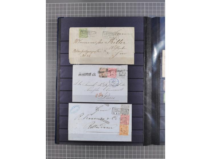 1868/71, interessante Partie im Steckbuch, dabei diverse Belege mit auch Farbfrankaturen, Paketbegleitbriefen, Auslandspost, 