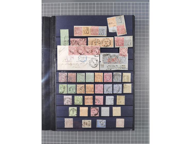 1868/71, interessante Partie im Steckbuch, dabei diverse Belege mit auch Farbfrankaturen, Paketbegleitbriefen, Auslandspost, 