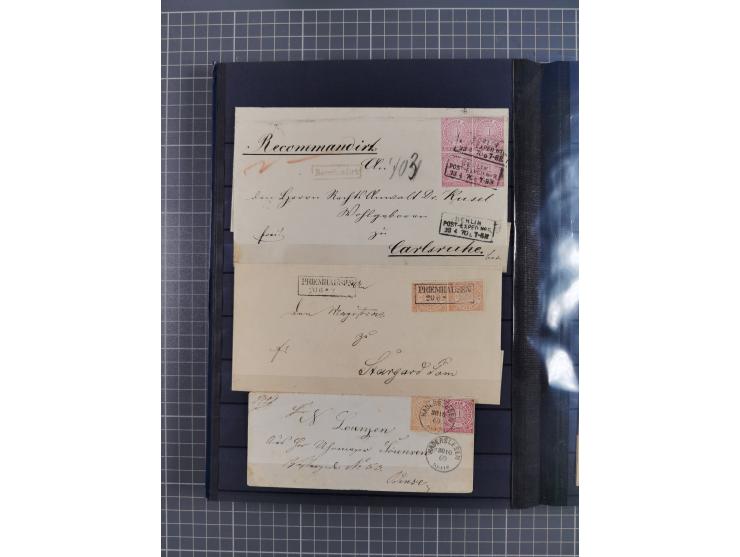 1868/71, interessante Partie im Steckbuch, dabei diverse Belege mit auch Farbfrankaturen, Paketbegleitbriefen, Auslandspost, 