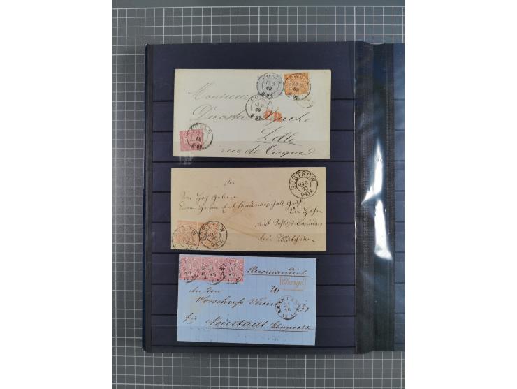 1868/71, interessante Partie im Steckbuch, dabei diverse Belege mit auch Farbfrankaturen, Paketbegleitbriefen, Auslandspost, 